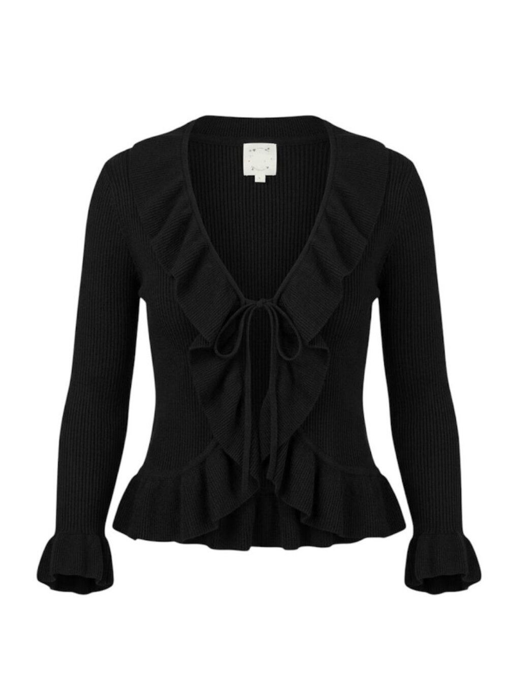 Hippie Rose Ruffle Tie Front Cardigan Black Ribbed Bell Sleeve Y2K Whimsygoth M